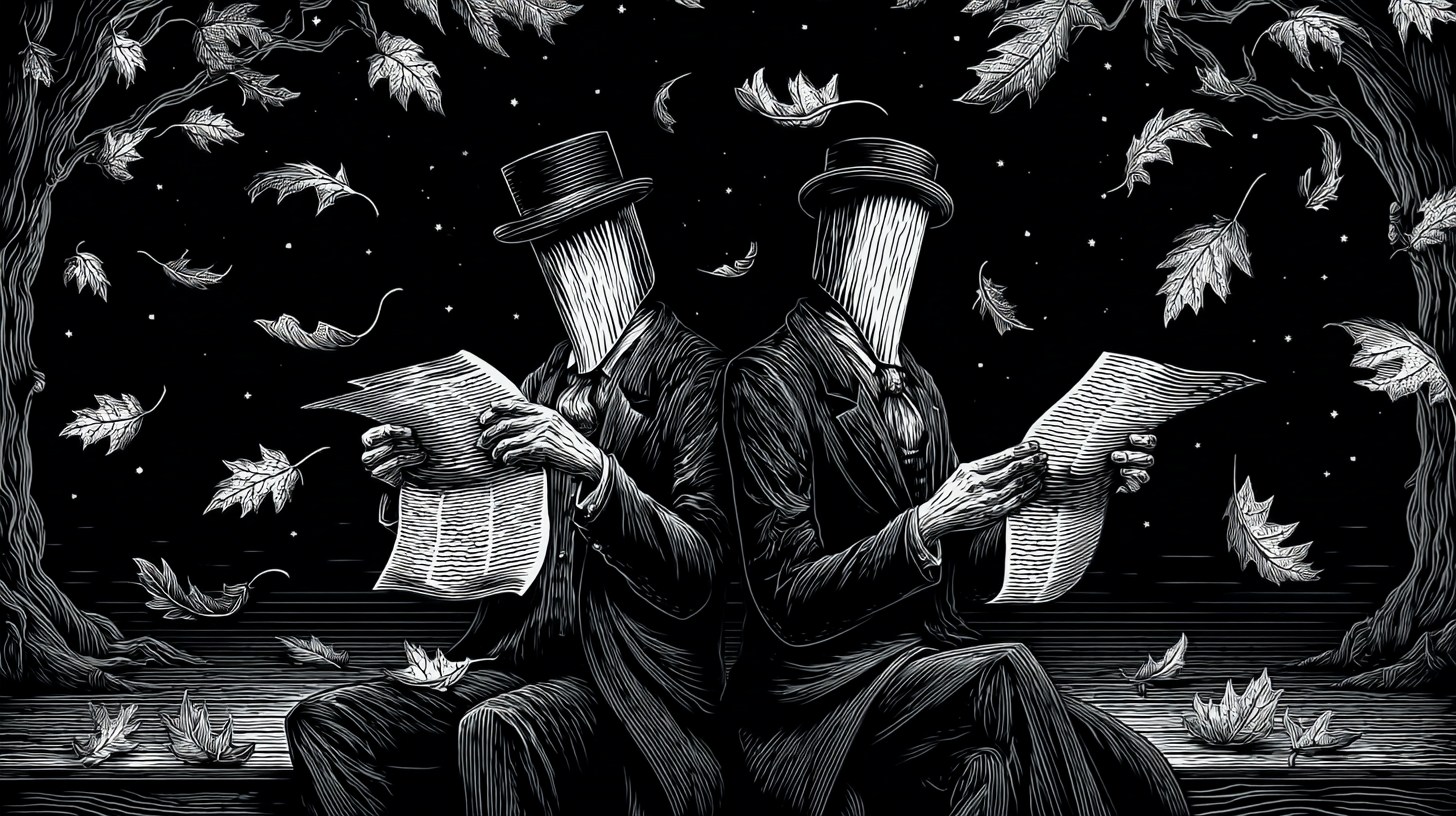 An engraving: two faceless gentlemen sit back to back under falling leaves, each reading a long document.