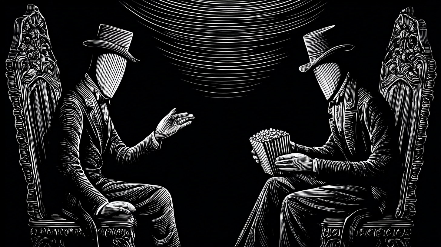 An engraving: two faceless gentlemen in top hats talk across the dark from tall carved chairs; one holds a box of popcorn.