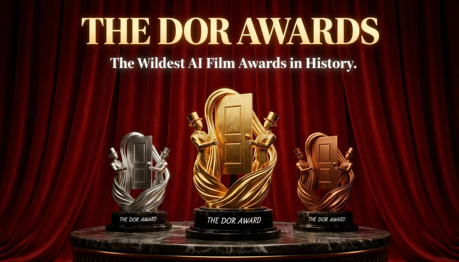 The Dor Award trophies, gold between silver and bronze, on a marble stage before a red curtain: two figures in top hats holding a door between them.